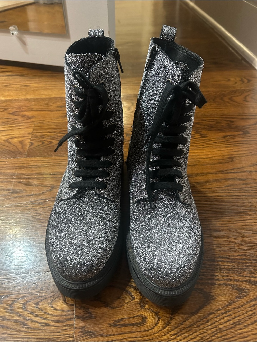 Barneys New York Silver Glitter Lace-Up Combat Boots